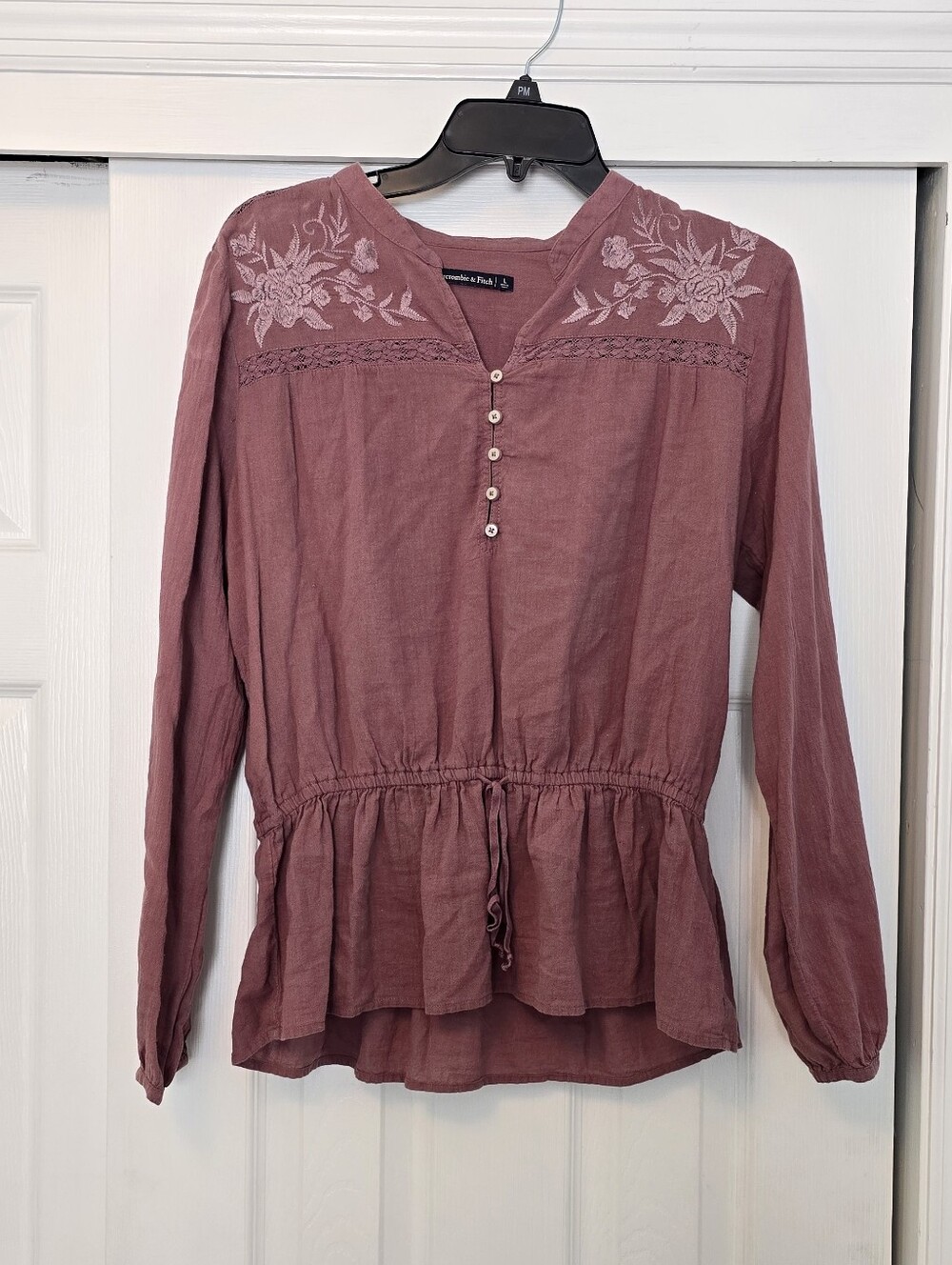 Abercrombie & Fitch Dusty Rose Embroidered Peplum Long-Sleeve Tunic